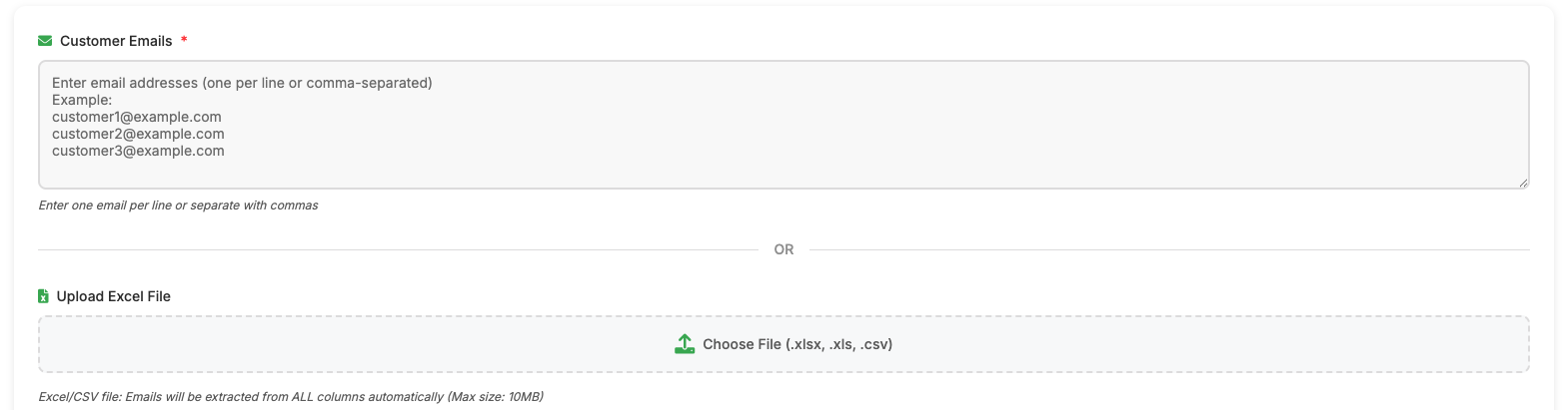Customer email upload interface